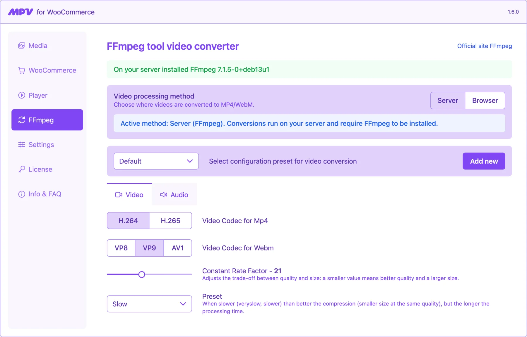 FFmpeg settings: server or browser method, codec choice and quality presets
