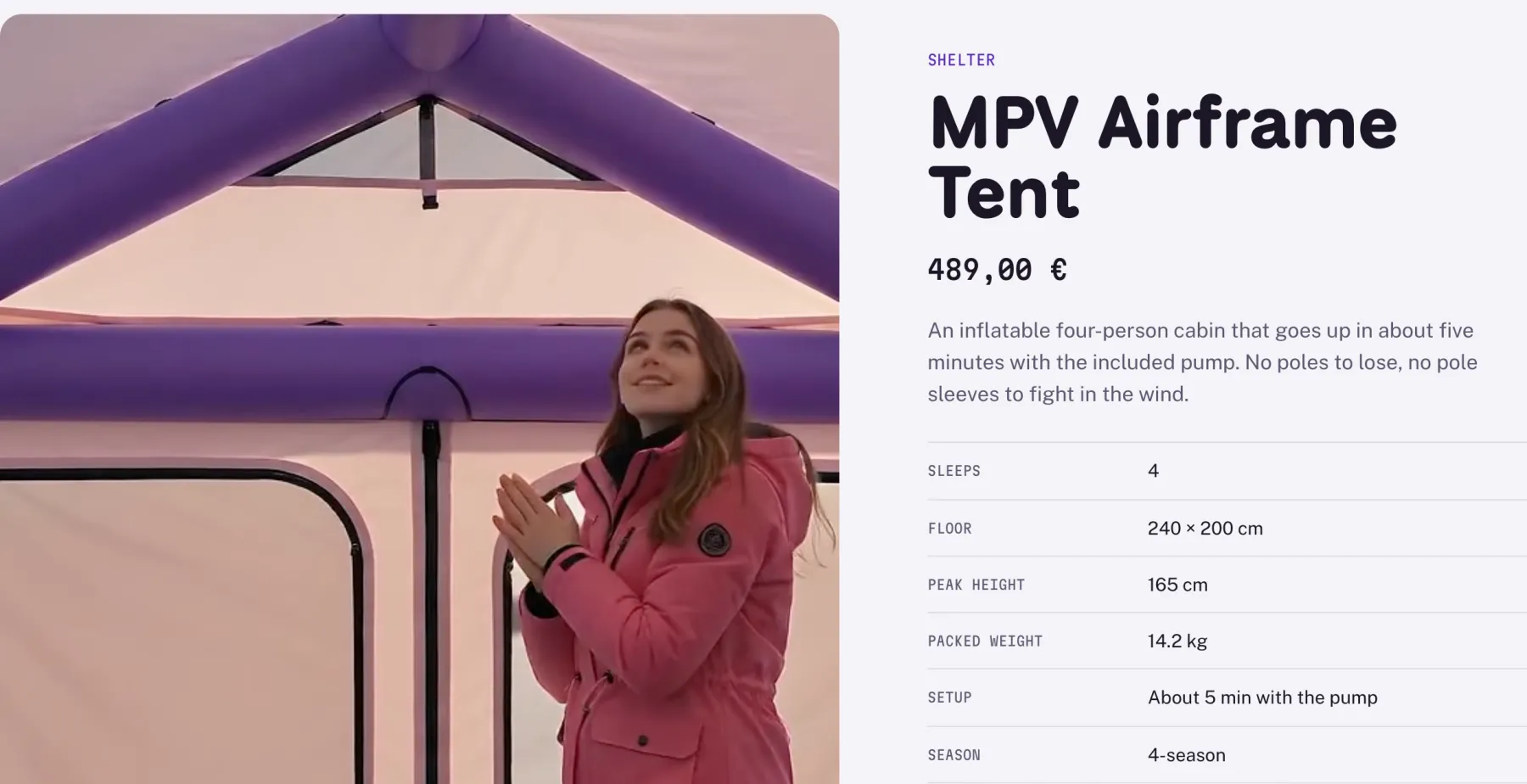 A product page of the demo store: the product video is the first gallery slide, next to the title, price and details